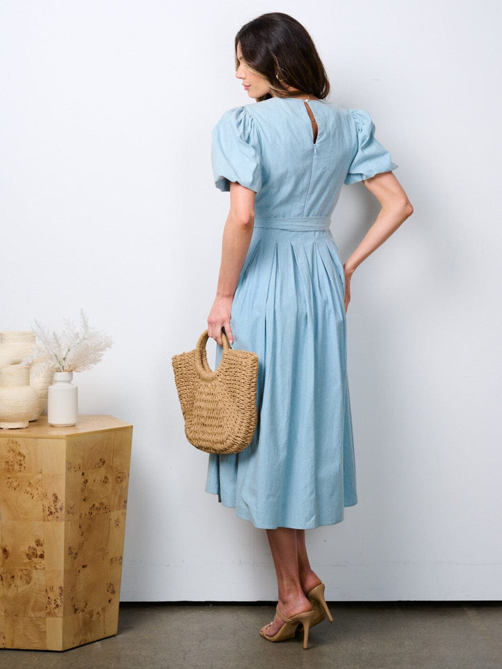 WOMEN'S SHORT PUFF SLEEVE SELF TIE MIDI DRESS