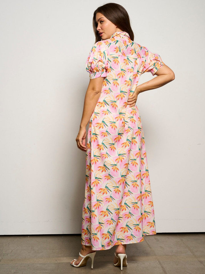 WOMEN'S SHORT SLEEVE POCKETS BUTTON UP FLORAL MAXI DRESS