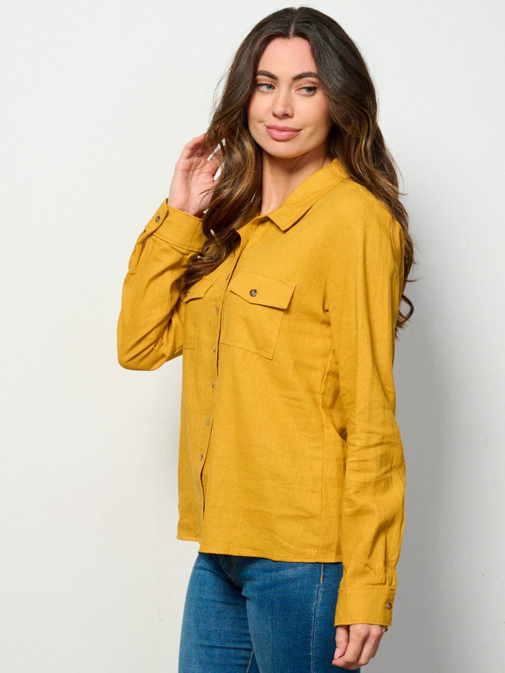 WOMEN'S LONG SLEEVE BUTTON UP FRONT POCKETS LINEN TOP