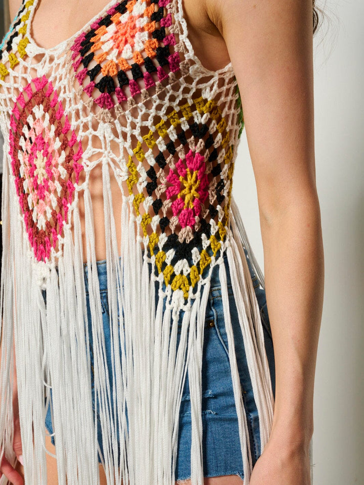 WOMEN'S SLEEVELESS KNITTED FRINGE COVER UP TOP