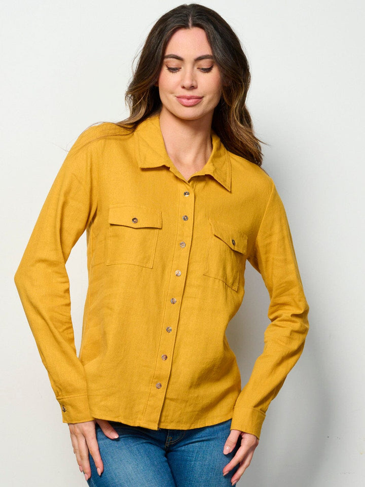 WOMEN'S LONG SLEEVE BUTTON UP FRONT POCKETS LINEN TOP