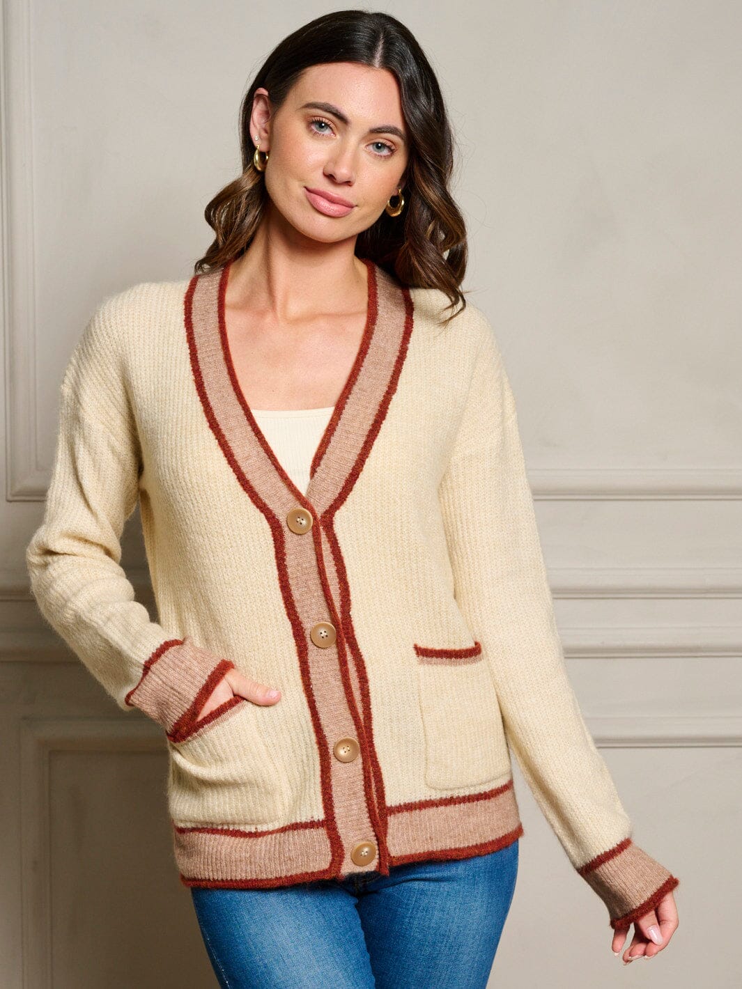 WOMEN'S LONG SLEEVE POCKETS BUTTON UP COLORBLOCK SWEATER CARDIGAN