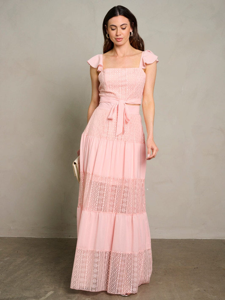 WOMEN'S SHORT SLEEVE CROP TOP & MAXI SKIRT LACE DETAILED 2PC. SET