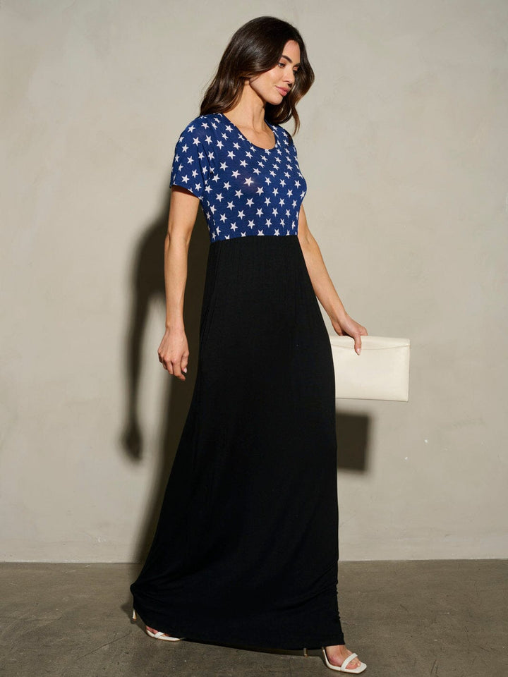 WOMEN'S SHORT SLEEVE POCKETS STARS PRINT MAXI DRESS