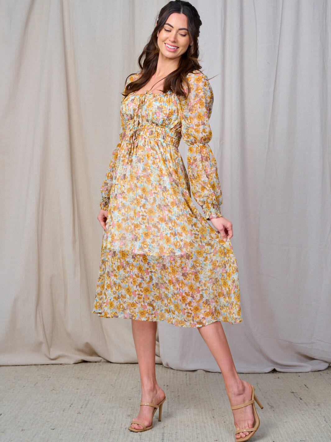 WOMEN'S LONG SLEEVE ELASTIC WAIST FLORAL MIDI DRESS