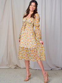 WOMEN'S LONG SLEEVE ELASTIC WAIST FLORAL MIDI DRESS