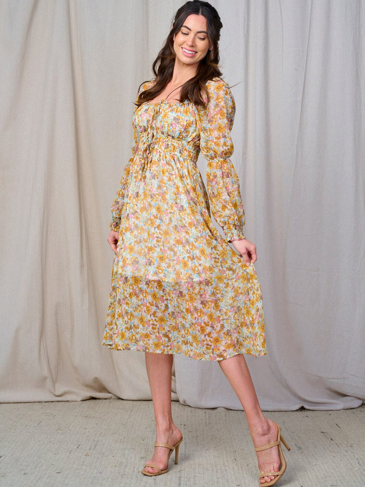 WOMEN'S LONG SLEEVE ELASTIC WAIST FLORAL MIDI DRESS