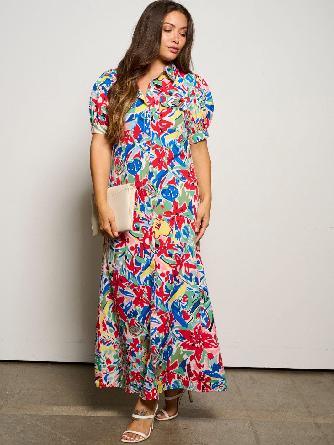 WOMEN'S SHORT SLEEVE POCKETS BUTTON UP FLORAL MAXI DRESS