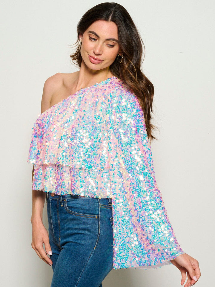 WOMEN'S ONE SHOULDER TIERED SEQUINS BLOUSE TOP