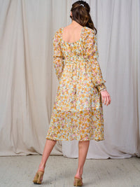 WOMEN'S LONG SLEEVE ELASTIC WAIST FLORAL MIDI DRESS