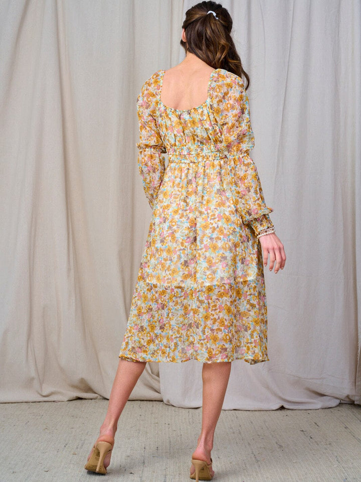 WOMEN'S LONG SLEEVE ELASTIC WAIST FLORAL MIDI DRESS