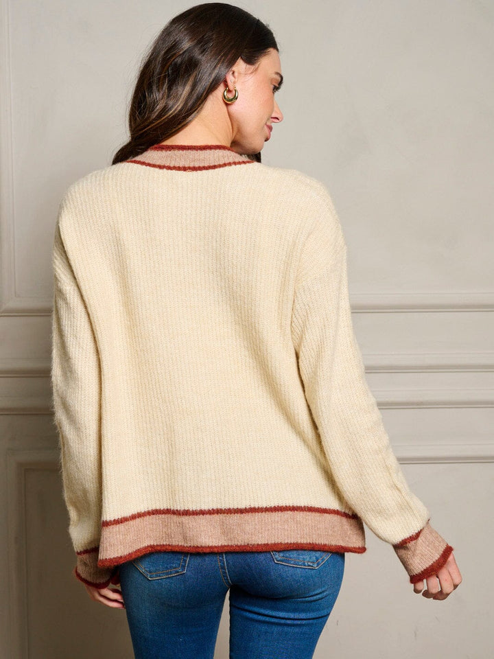 WOMEN'S LONG SLEEVE POCKETS BUTTON UP COLORBLOCK SWEATER CARDIGAN