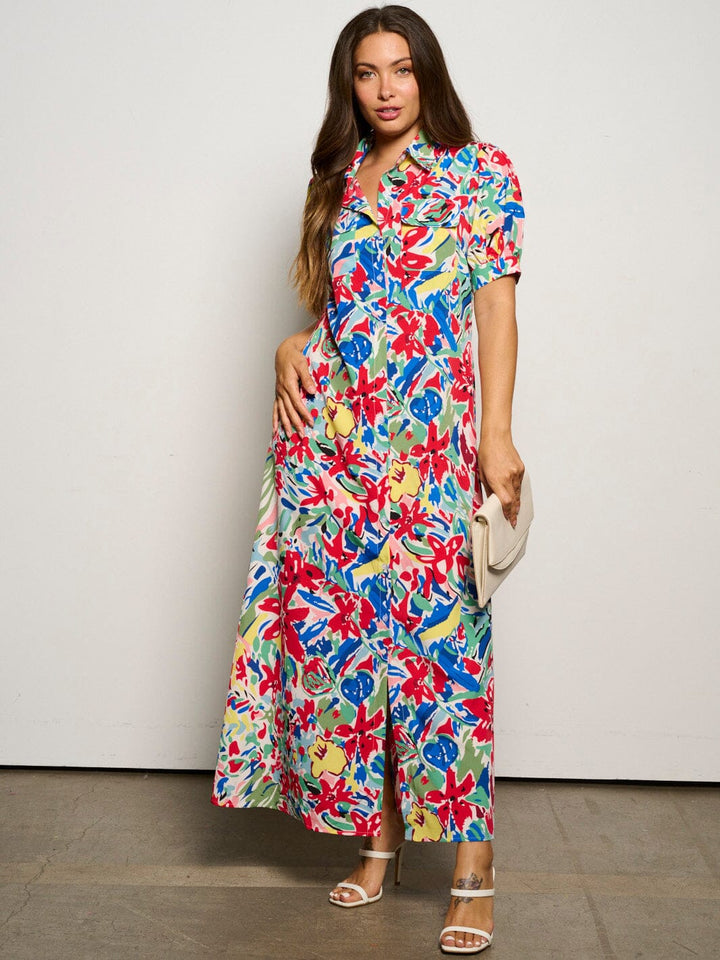 WOMEN'S SHORT SLEEVE POCKETS BUTTON UP FLORAL MAXI DRESS