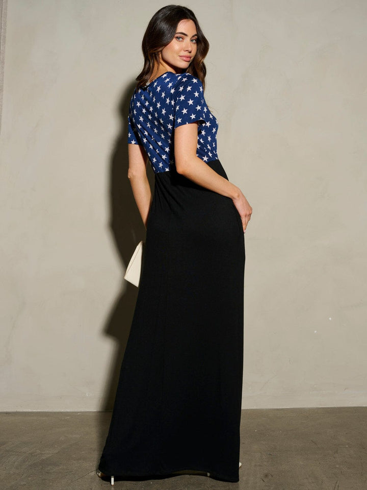 WOMEN'S SHORT SLEEVE POCKETS STARS PRINT MAXI DRESS
