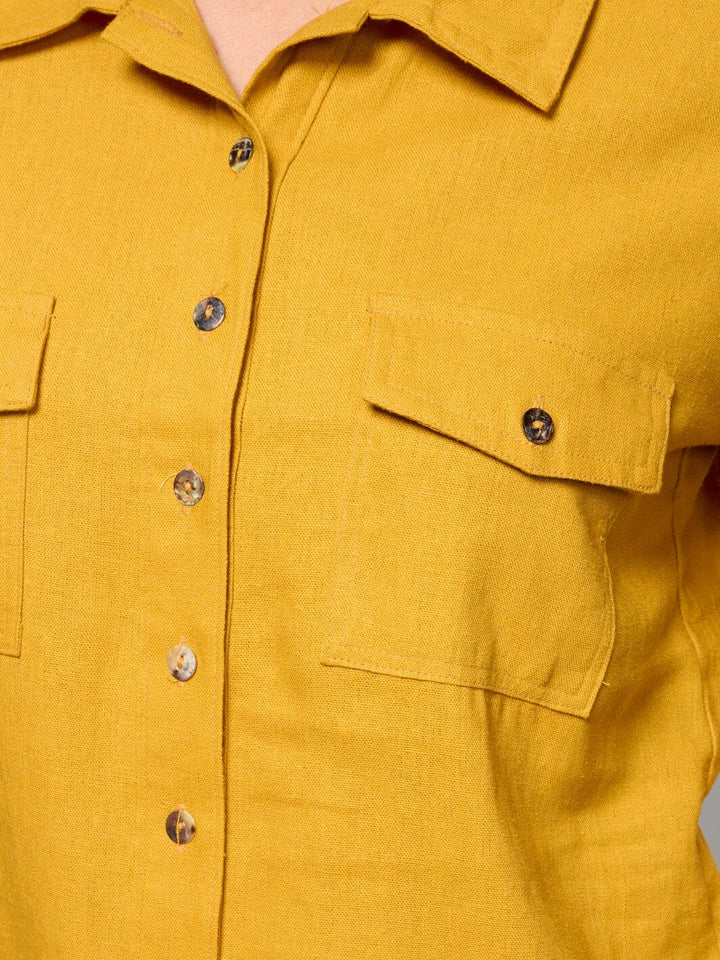 WOMEN'S LONG SLEEVE BUTTON UP FRONT POCKETS LINEN TOP