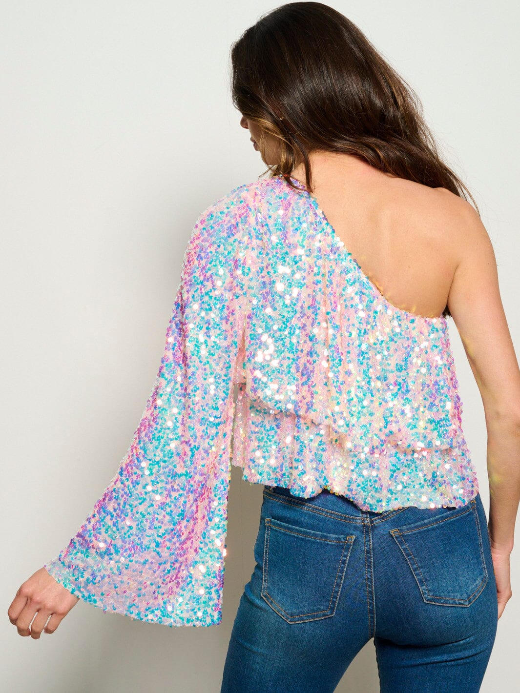 WOMEN'S ONE SHOULDER TIERED SEQUINS BLOUSE TOP