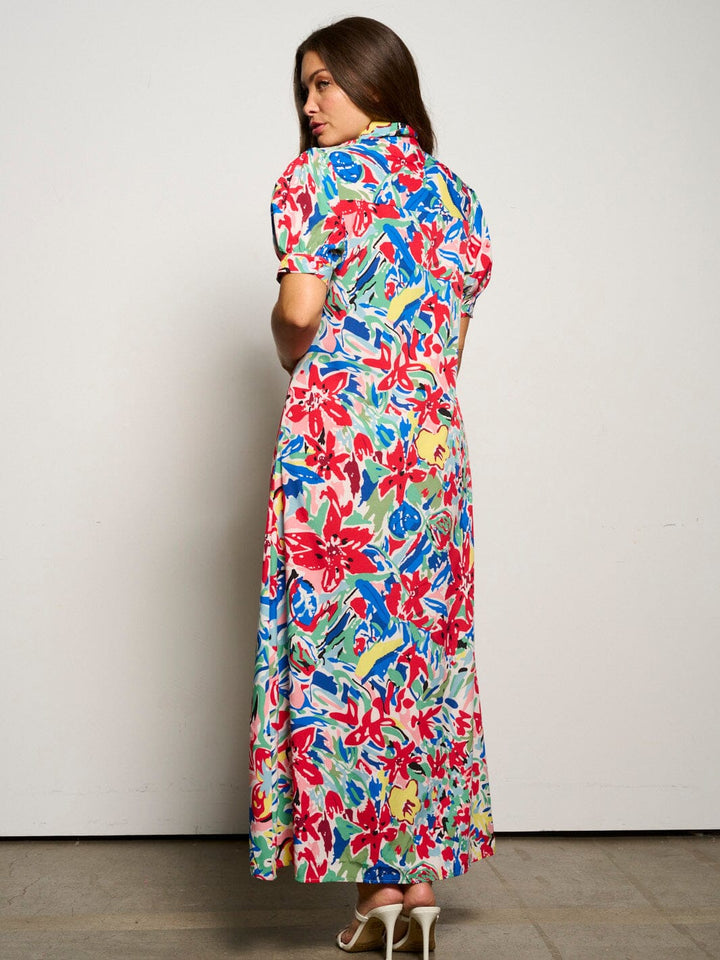 WOMEN'S SHORT SLEEVE POCKETS BUTTON UP FLORAL MAXI DRESS