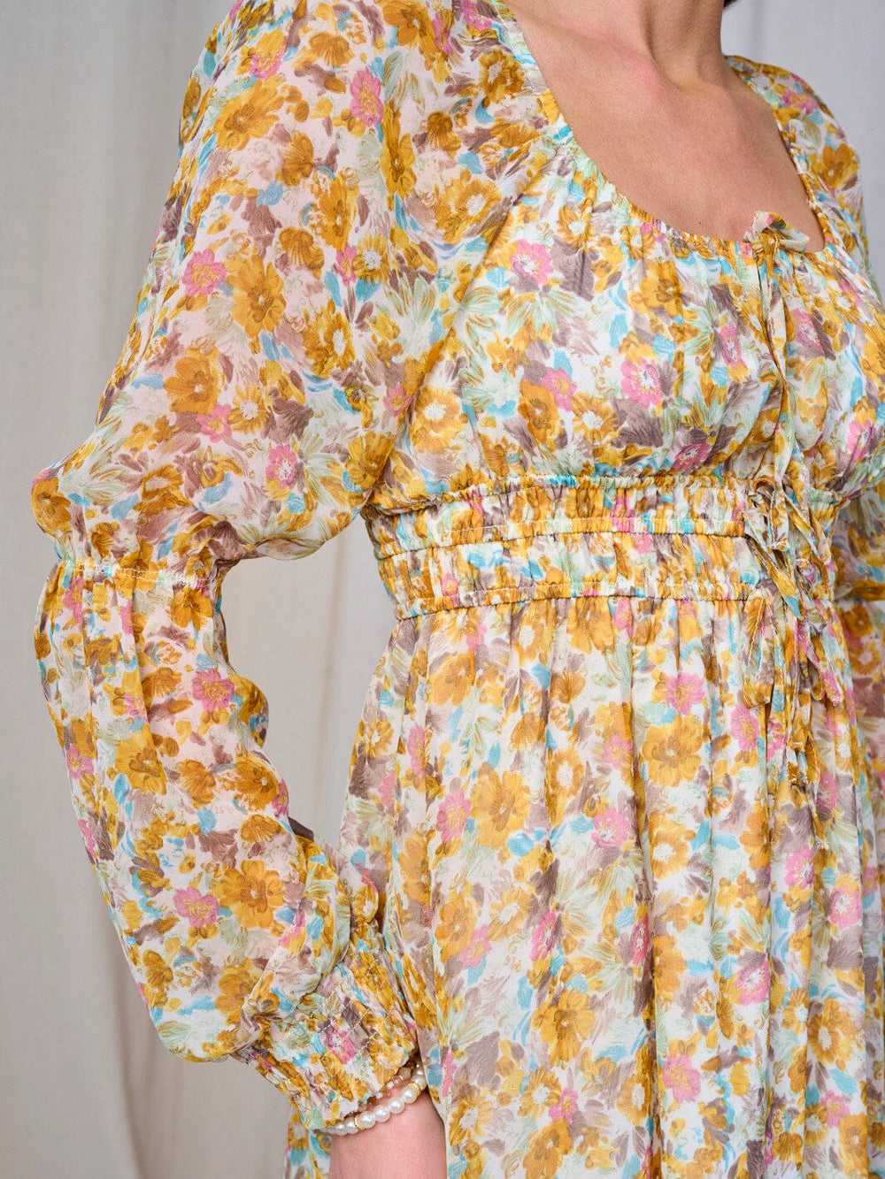 WOMEN'S LONG SLEEVE ELASTIC WAIST FLORAL MIDI DRESS