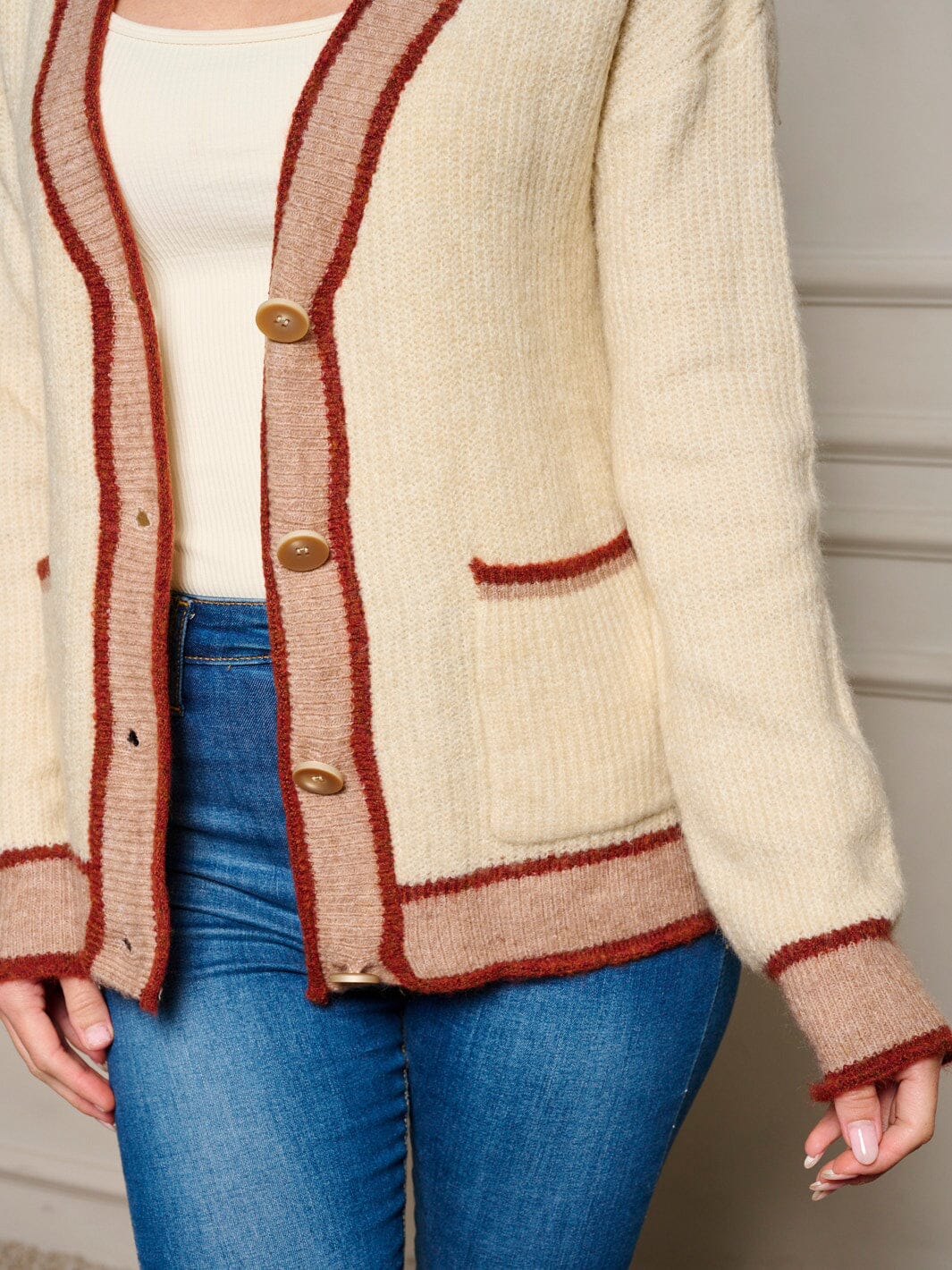 WOMEN'S LONG SLEEVE POCKETS BUTTON UP COLORBLOCK SWEATER CARDIGAN