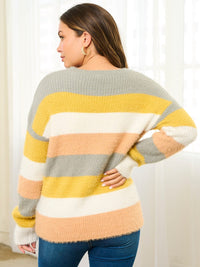 WOMEN'S LONG SLEEVE COLORBLOCK STRIPES PULLOVER SWEATER