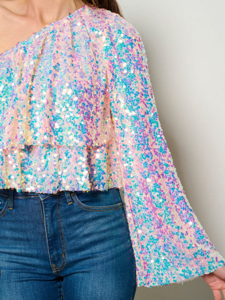 WOMEN'S ONE SHOULDER TIERED SEQUINS BLOUSE TOP