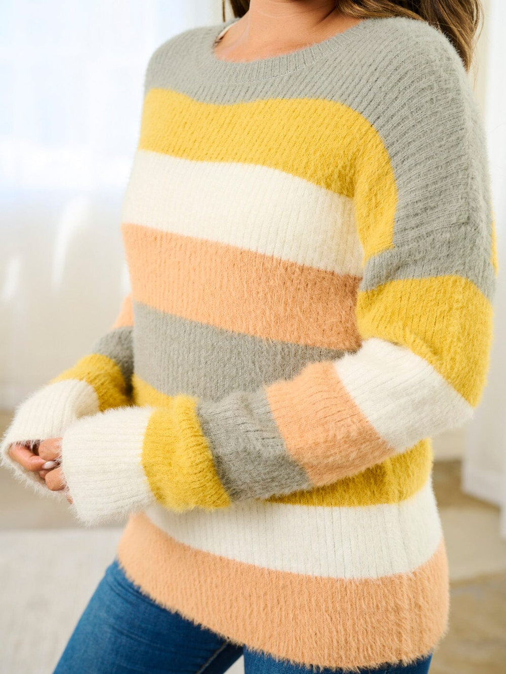 WOMEN'S LONG SLEEVE COLORBLOCK STRIPES PULLOVER SWEATER