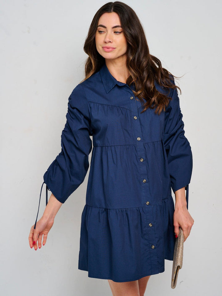 WOMEN'S LONG RUCHED SLEEVE BUTTON CLOSURE TIERED MINI DRESS
