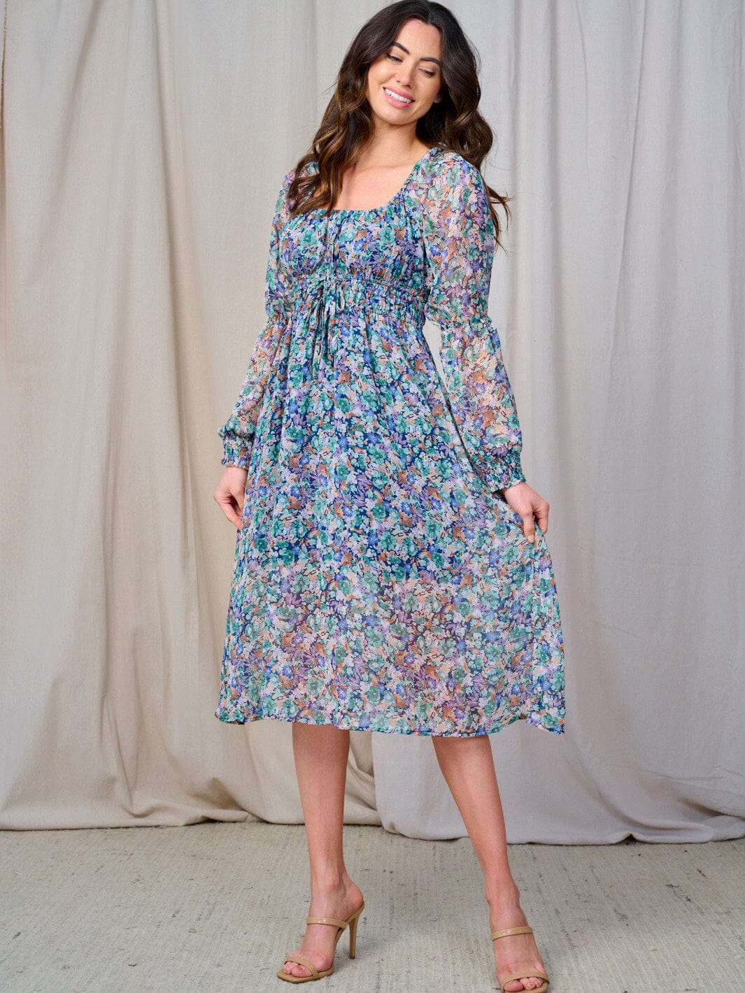 WOMEN'S LONG SLEEVE ELASTIC WAIST FLORAL MIDI DRESS
