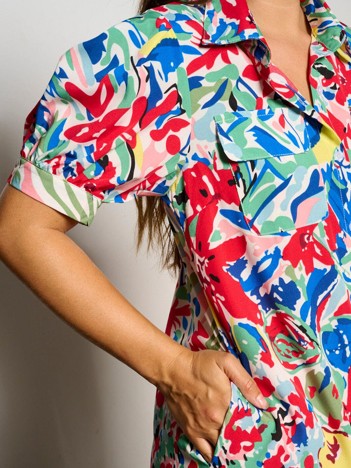 WOMEN'S SHORT SLEEVE POCKETS BUTTON UP FLORAL MAXI DRESS