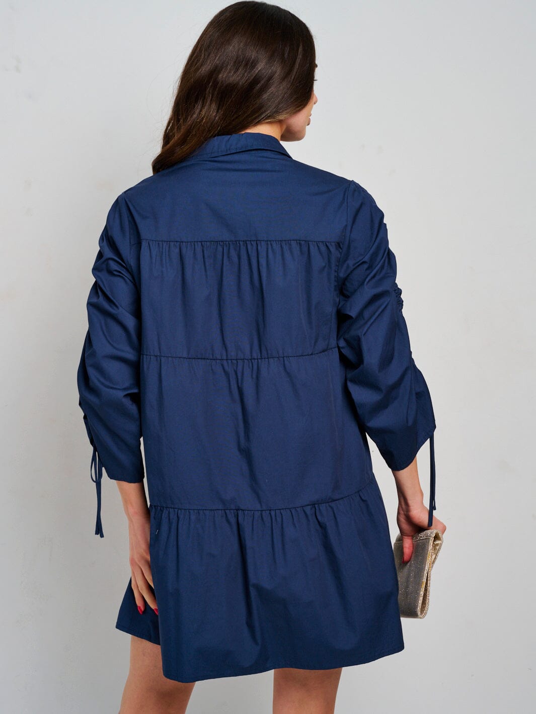 WOMEN'S LONG RUCHED SLEEVE BUTTON CLOSURE TIERED MINI DRESS