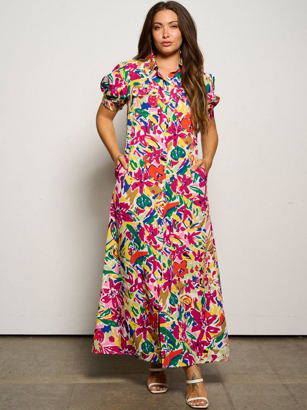 WOMEN'S SHORT SLEEVE POCKETS BUTTON UP FLORAL MAXI DRESS