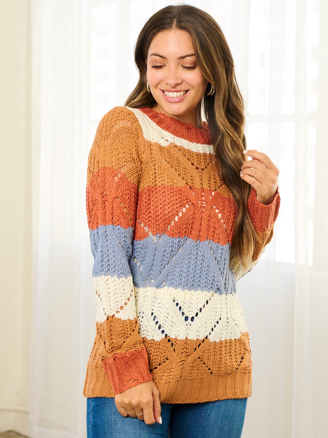 WOMEN'S LONG SLEEVE COLORBLOCK KNIT PULLOVER SWEATER