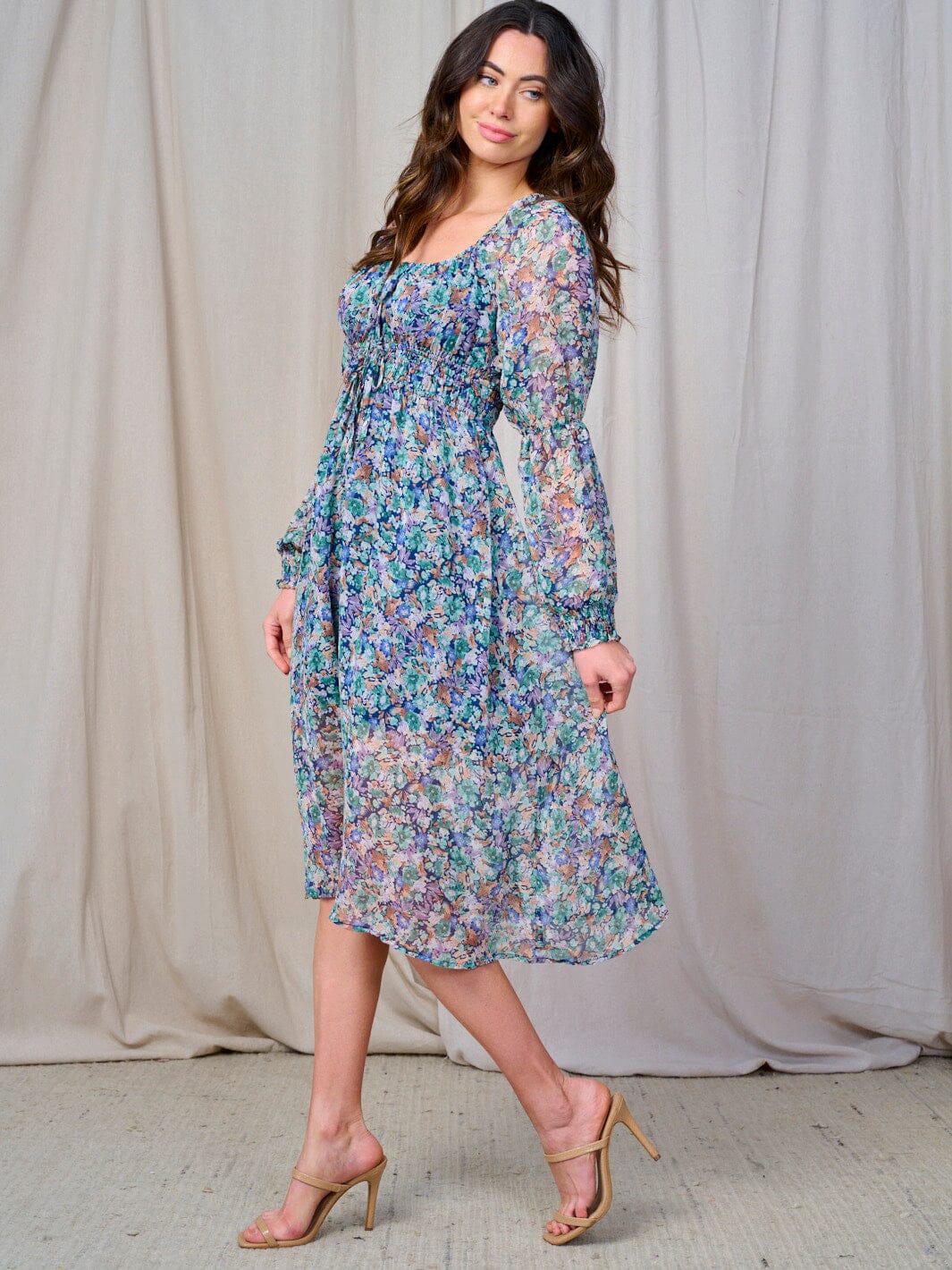 WOMEN'S LONG SLEEVE ELASTIC WAIST FLORAL MIDI DRESS