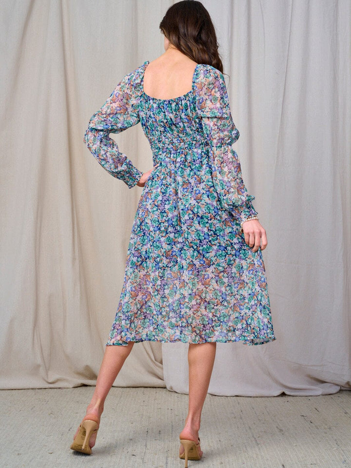 WOMEN'S LONG SLEEVE ELASTIC WAIST FLORAL MIDI DRESS