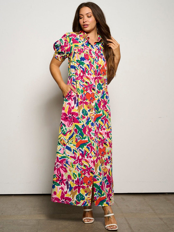 WOMEN'S SHORT SLEEVE POCKETS BUTTON UP FLORAL MAXI DRESS