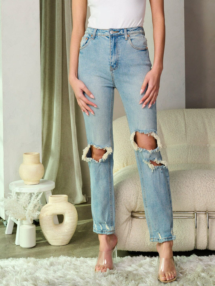 WOMEN'S BUTTON CLOSURE DISTRESS WASHED DENIM PANTS
