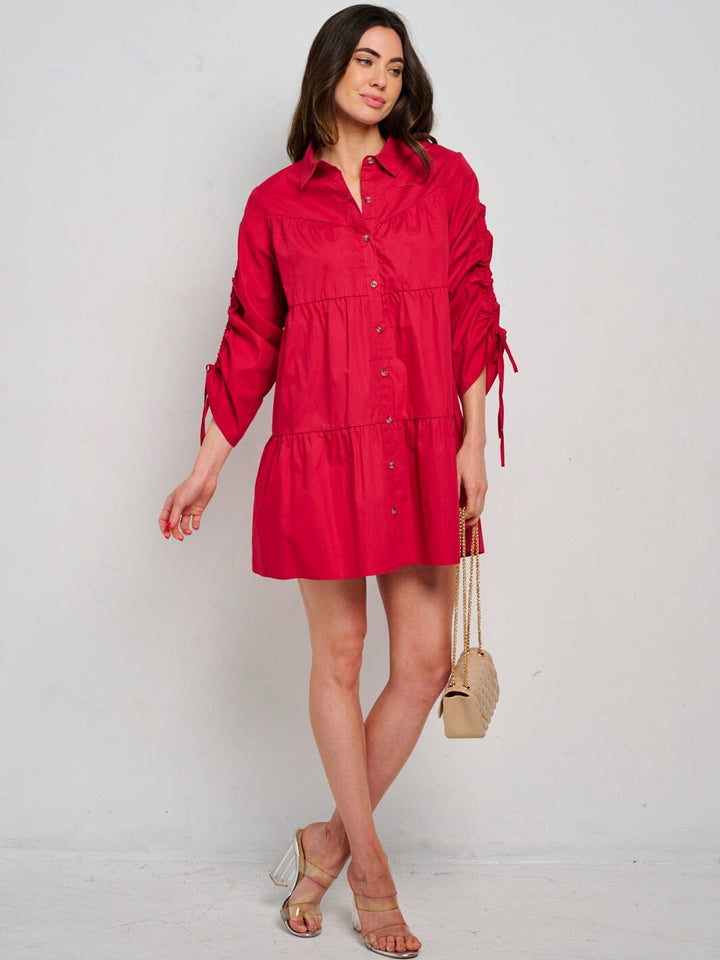 WOMEN'S LONG RUCHED SLEEVE BUTTON CLOSURE TIERED MINI DRESS