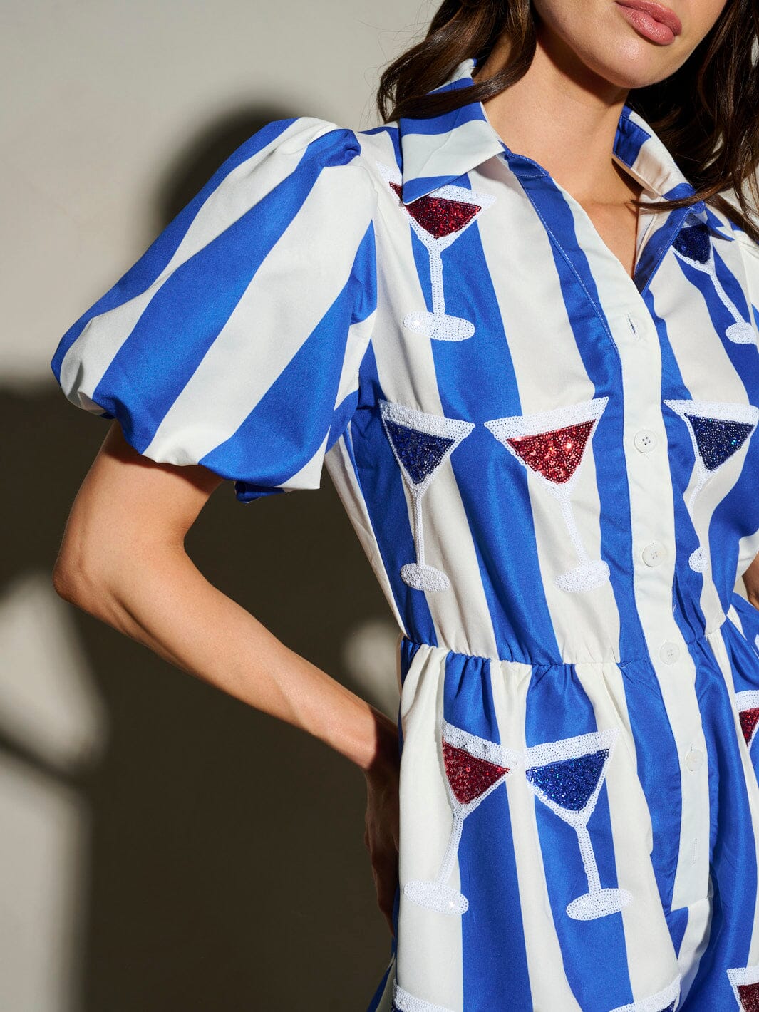 WOMEN'S SHORT SLEEVE BUTTON UP POCKETS SEQUINS DETAILED PRINT ROMPER