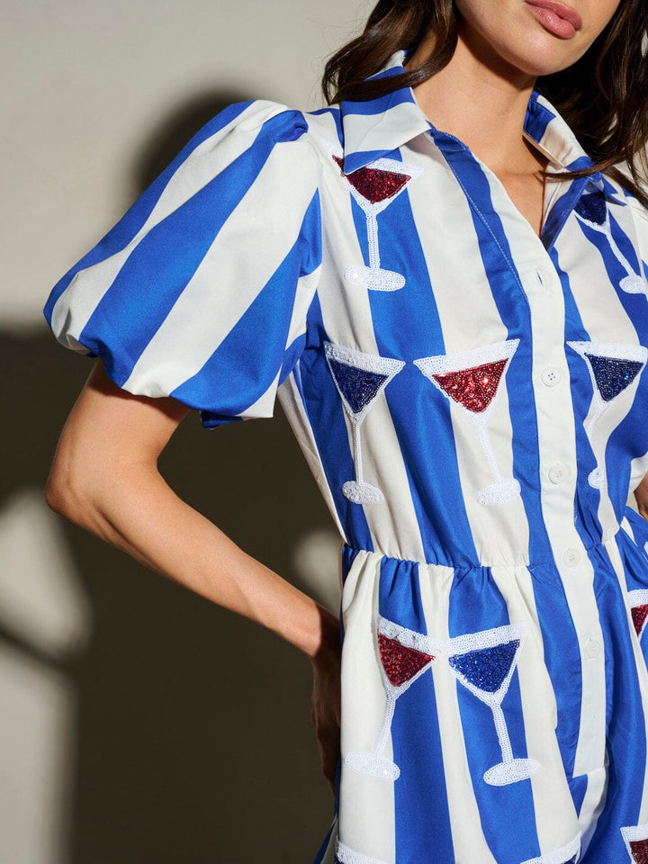 WOMEN'S SHORT SLEEVE BUTTON UP POCKETS SEQUINS DETAILED PRINT ROMPER