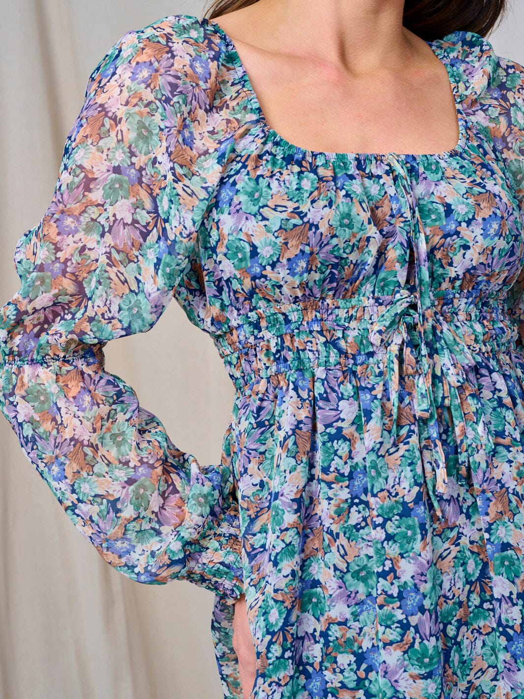 WOMEN'S LONG SLEEVE ELASTIC WAIST FLORAL MIDI DRESS