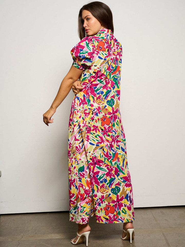 WOMEN'S SHORT SLEEVE POCKETS BUTTON UP FLORAL MAXI DRESS