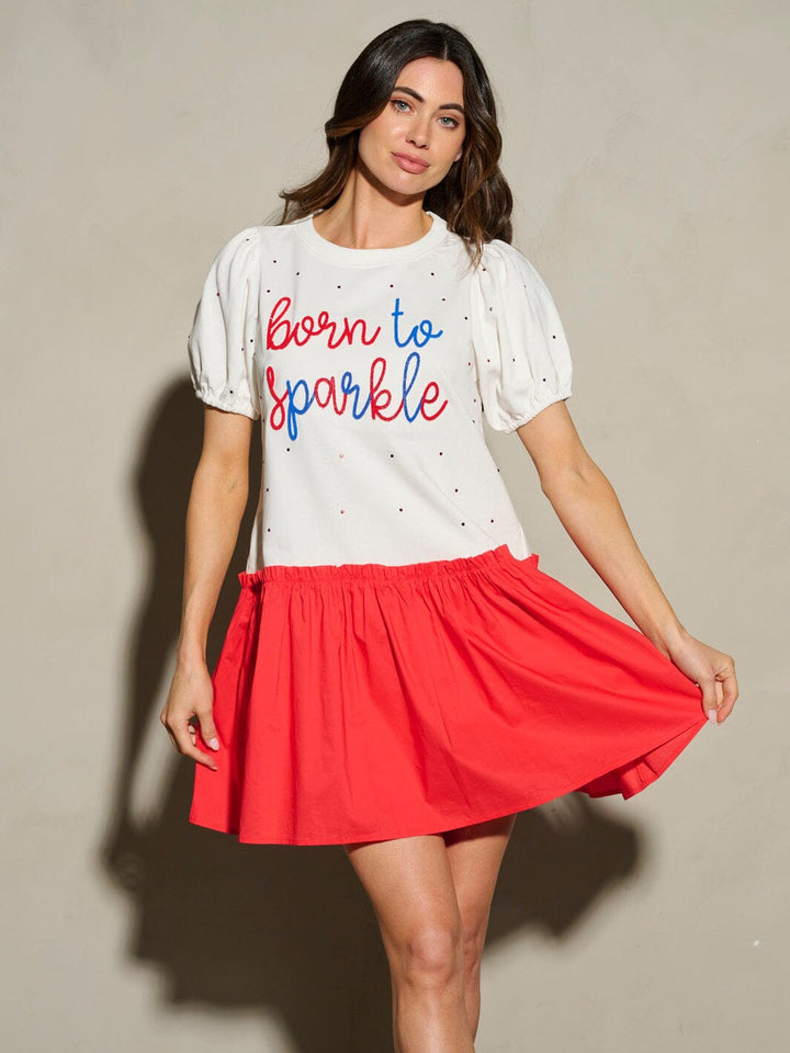 WOMEN'S SHORT PUFF SLEEVE BORN TO SPARKLE PATRIOTIC MINI DRESS
