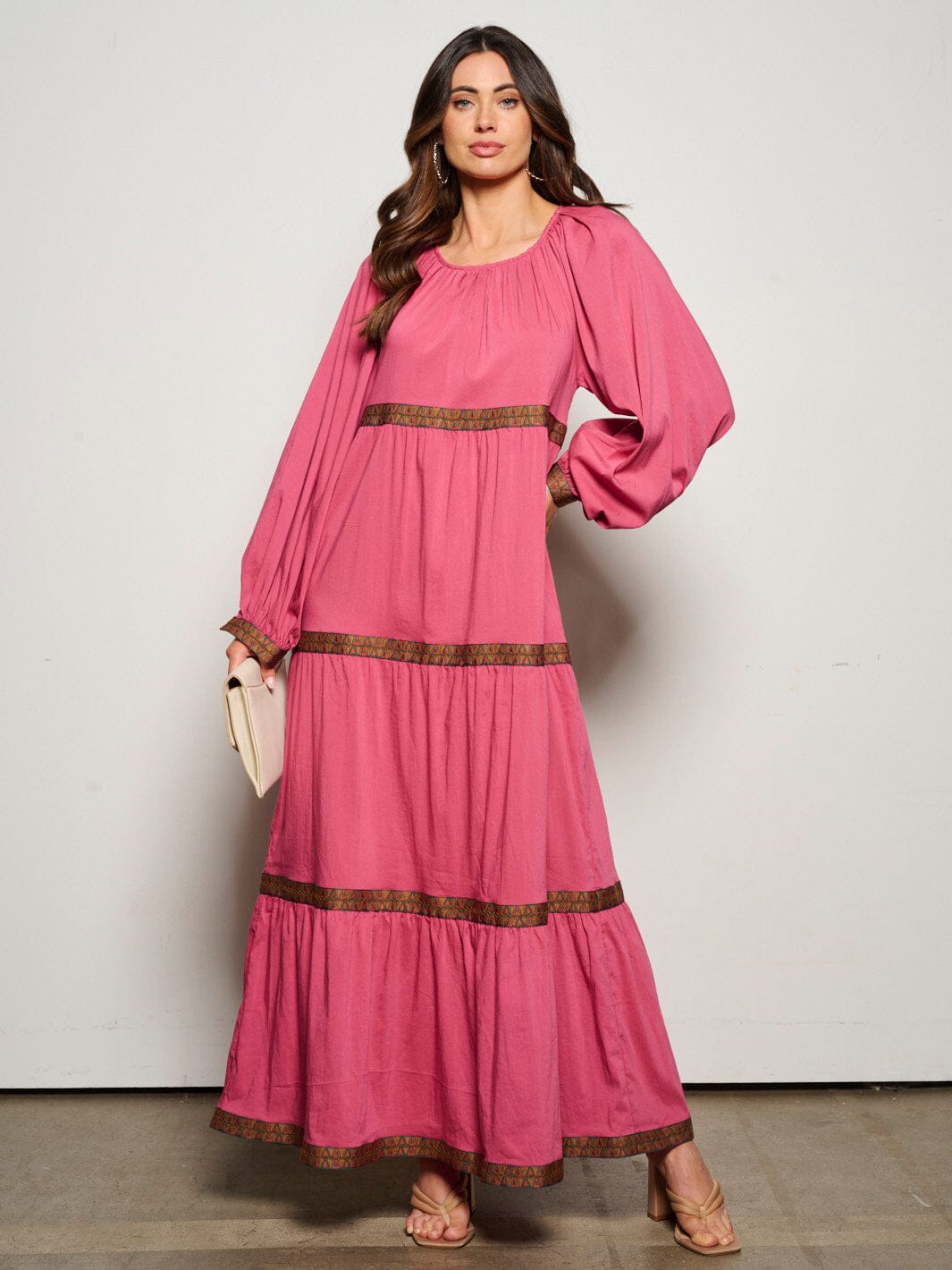 WOMEN'S LONG SLEEVE TRIM DETAILED TIERED MAXI DRESS