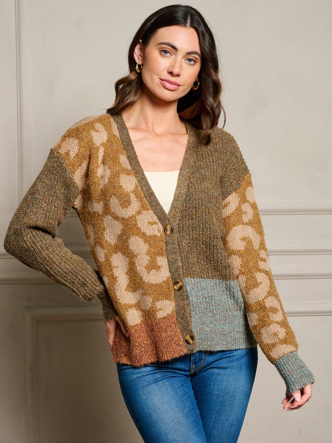 WOMEN'S LONG SLEEVE BUTTON UP COLORBLOCK SWEATER CARDIGAN