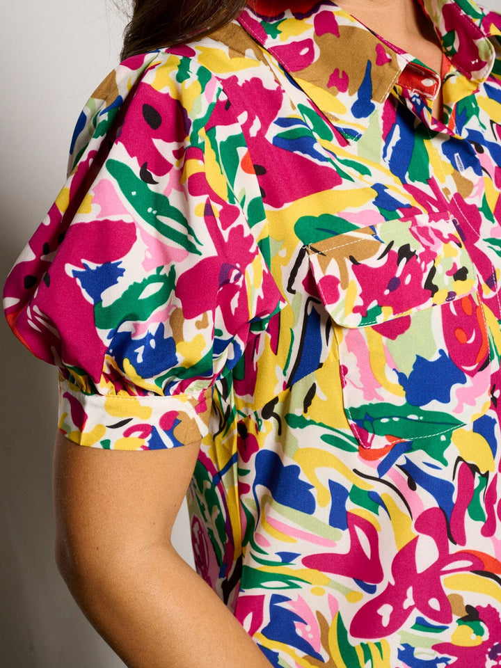 WOMEN'S SHORT SLEEVE POCKETS BUTTON UP FLORAL MAXI DRESS