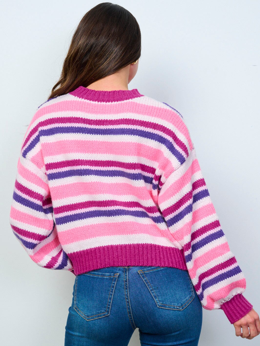 WOMEN'S LONG SLEEVE COLORBLOCK STRIPES PULLOVER SWEATER