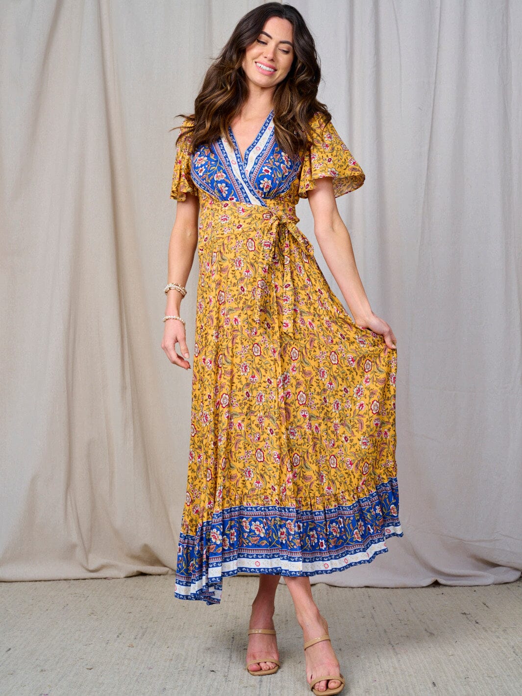 WOMEN'S SHORT SLEEVE SELF TIE MULTI PRINT WRAP MAXI DRESS