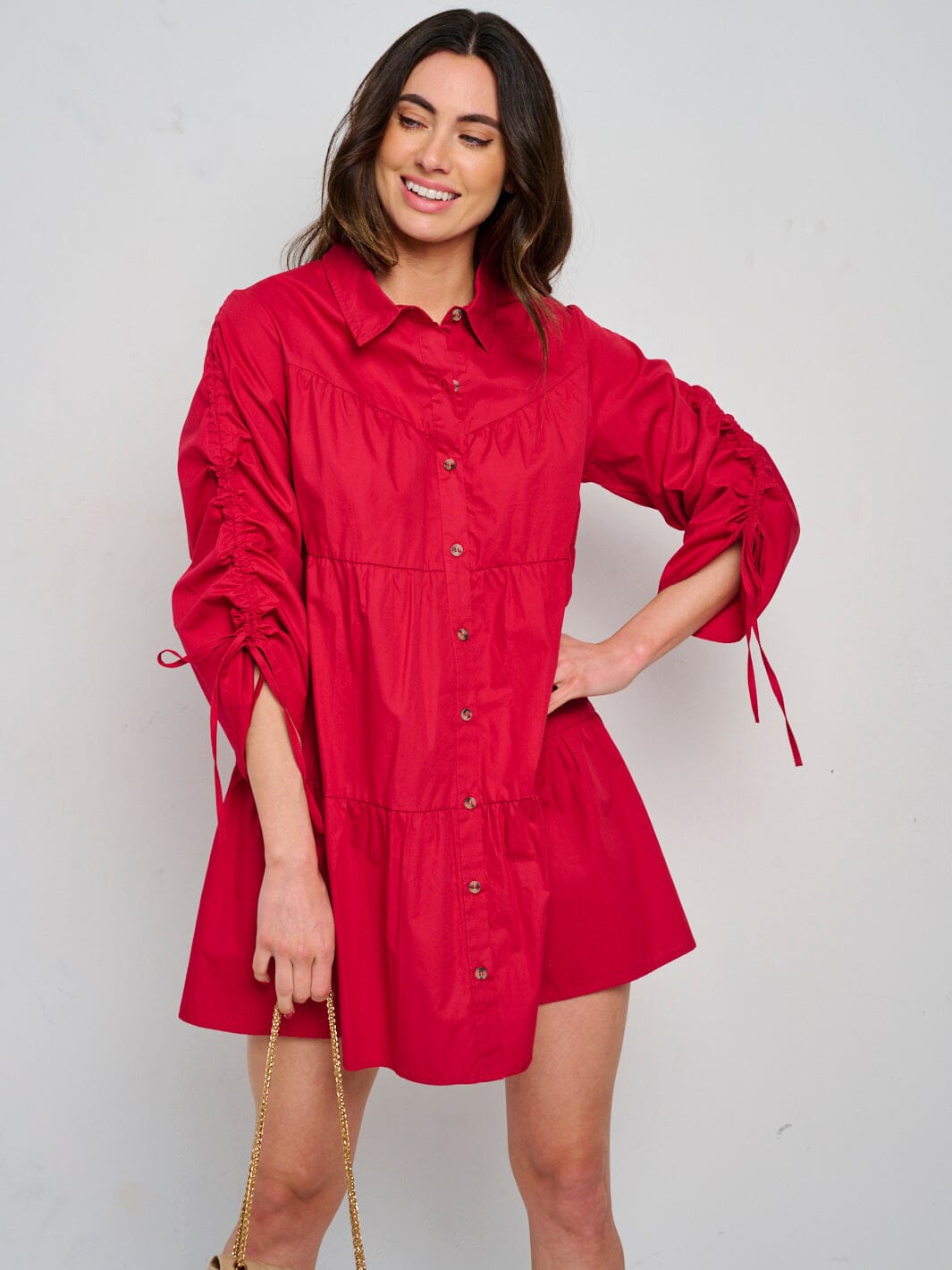 WOMEN'S LONG RUCHED SLEEVE BUTTON CLOSURE TIERED MINI DRESS