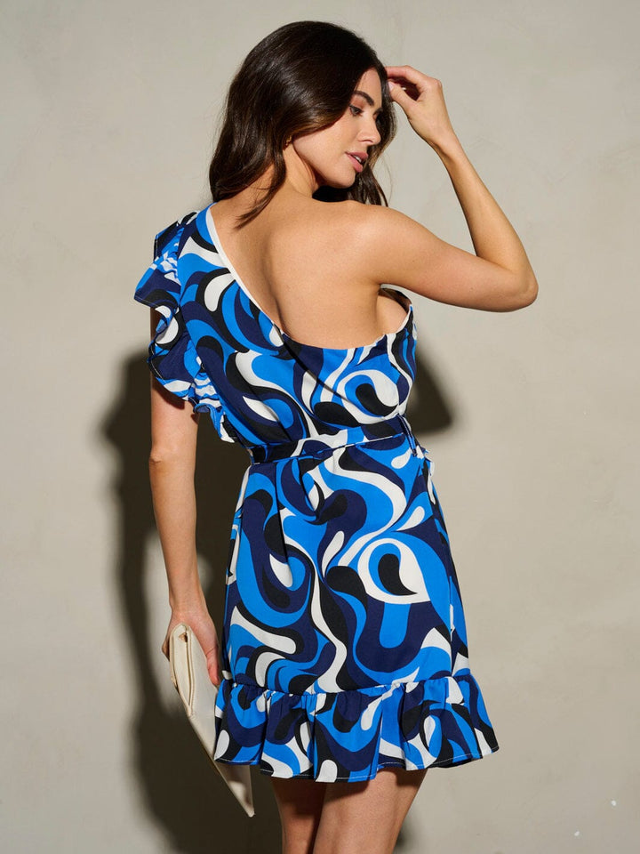 WOMEN'S ONE SHOULDER SLEEVELESS RUFFLE PRINTED MINI DRESS
