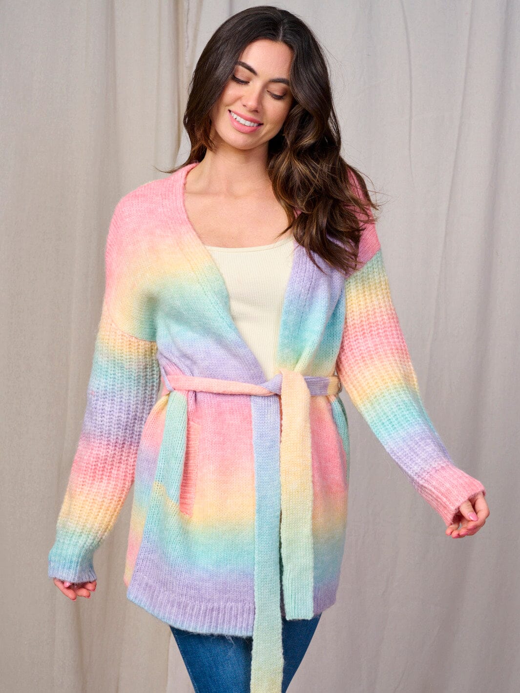 WOMEN'S LONG SLEEVE OPEN FRONT SELF TIE POCKETS COLORBLOCK CARDIGAN